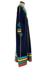 Colourful 1960s Josefa Deep Blue Cotton Caftan Dress w Multi Coloured Ribbns & Hand Embroidery
