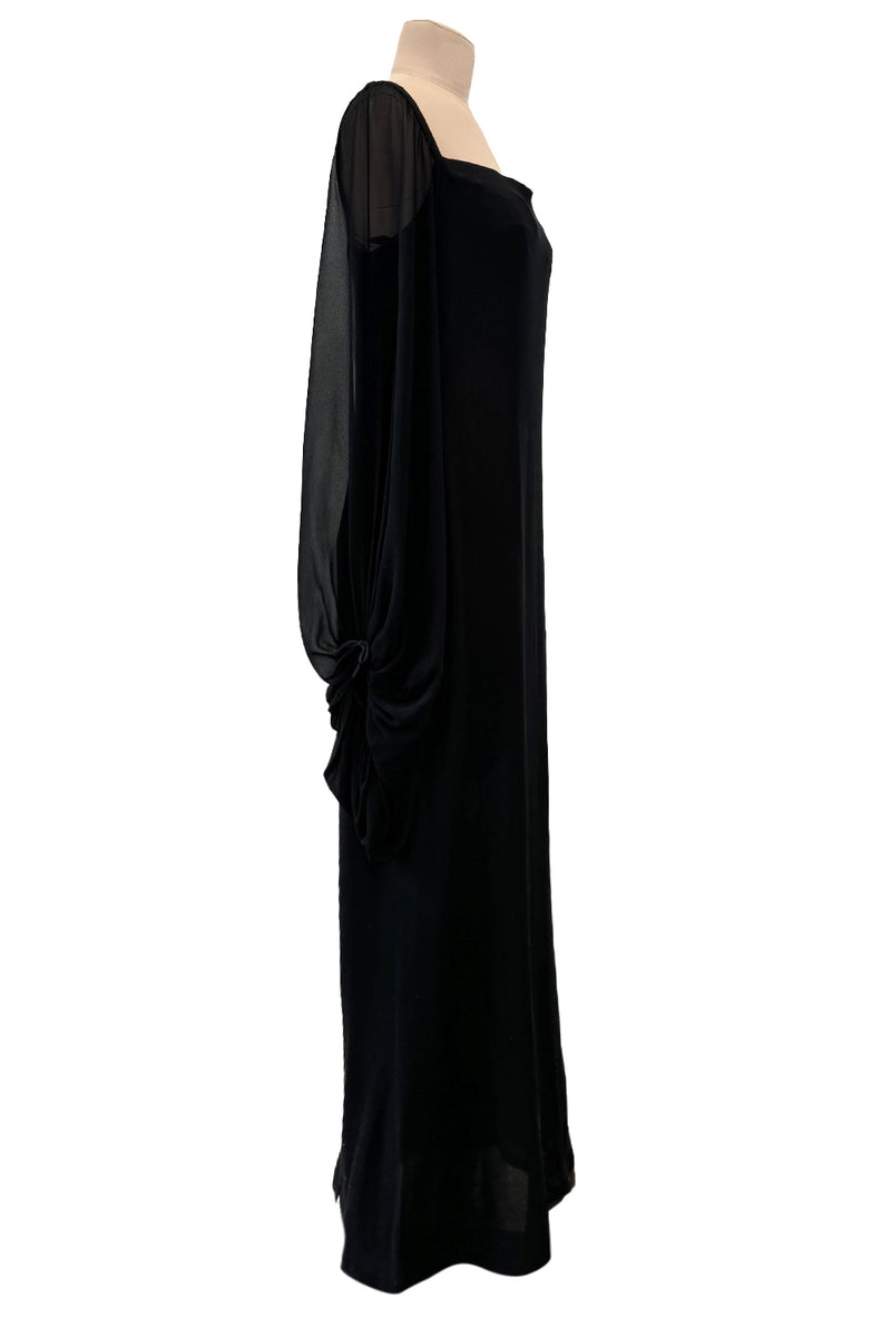 Minimalist c.1978 Pierre Cardin Haute Couture Black Silk Chiffon Dress w Huge Balloon Sleeves