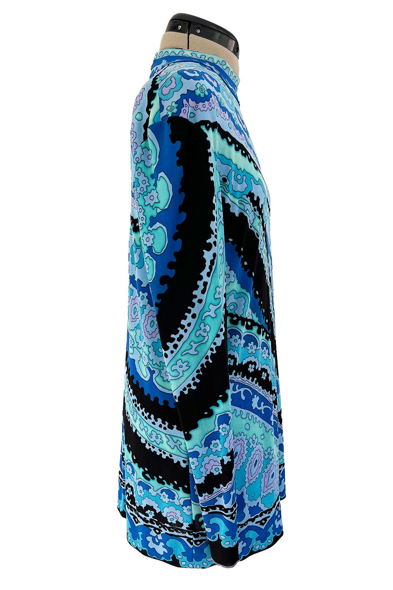 Chic Little 1970s Leonard Ocean Blues Printed Silk Jersey Untra Mini Dress or Tunic