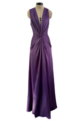 Minimalist Spring 2008 Alexander McQueen Purple Bias Cut Silk Dress w Front Plunge & Knot Detailing