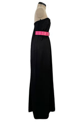 Fabulous 2008 Alexander McQueen Strapless Black Silk Dress w Vibrant Pink Patent Leather Belt