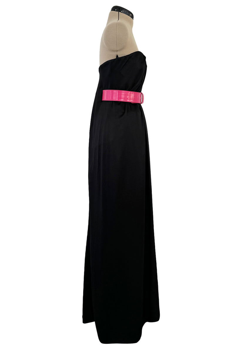 Fabulous 2008 Alexander McQueen Strapless Black Silk Dress w Vibrant Pink Patent Leather Belt