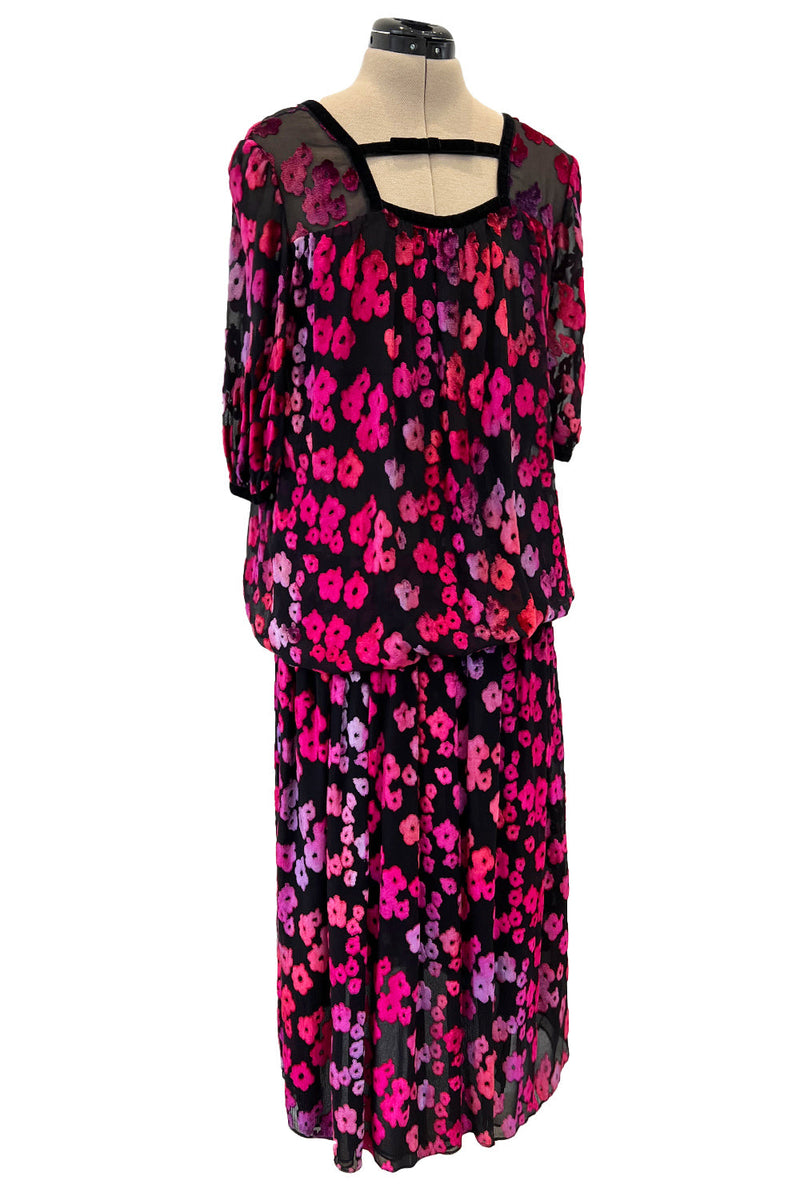 Prettiest 1970s Courreges Bright Pink Floral Velvet on Black Silk Chiffon Dress w Numbred Label