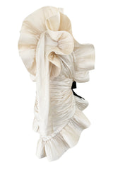 Rare 1980s Pierre Cardin Haute Couture Ivory Silk One Sleeve Ruffle Top w Black Silk Bow