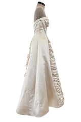 1950s Philip Hulitar Couture Strapless Gathered Front Champagne Ivory Silk Dress w Bow