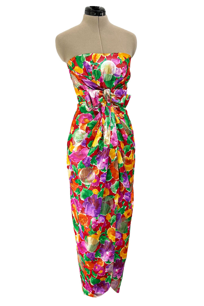Prettiest 1980s Arnold Scaasi Strapless Metallic Finished Brilliant Floral Print Dress w Bow
