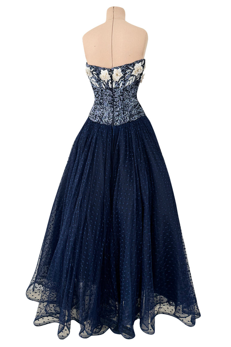1980s Richilene Strapless Blue Net Dress w Sequin & Beaded Bodice & Re – Shrimpton Couture