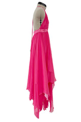 Recent Givenchy Vivid Silk Pink Chiffon Halter Dress w Completely Open Back & Multi Length Hem