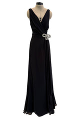 Beautiful 2000s Valentino Roma Black Bias Cut Silk Chiffon Dress w Front & Back Plunge & Silver Sequin Bow