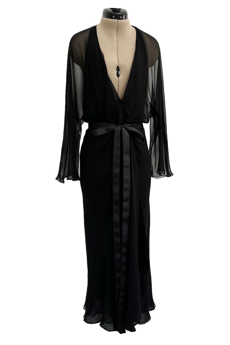Minimalist Mid-1970s Halston Black Bias Cut Silk Chiffon Wrap Dress w Wide Sleeves