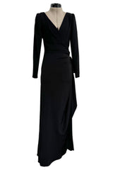 Exceptional Fall 1983 Yves Saint Laurent Haute Couture Runway Black Silk Wrap Dress w Bow Detail
