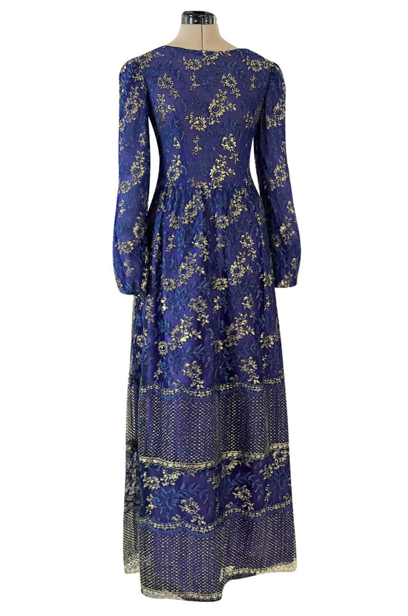 1970s Lanvin by Jules-Francois Crahay Demi-Couture Metallic Gold Detailing Blue Dress