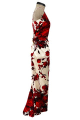 Rare & Beautiful 1950s Philip Hulitar Couture Dress w Fused Velvet Roses on a Rich Ivory Silk