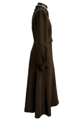 Elegant 1970s Madame Gres Haute Couture Chocolate Brown Day Dress w Full Sleeves & Collar