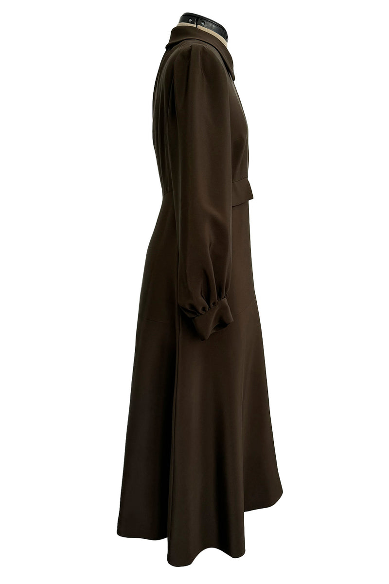 Elegant 1970s Madame Gres Haute Couture Chocolate Brown Day Dress w Full Sleeves & Collar