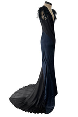Resort 2008 Nina Ricci by Olivier Theyskens Runway Look 28 Bias Cut Blue & Black Dress w Feather Detailing & Train