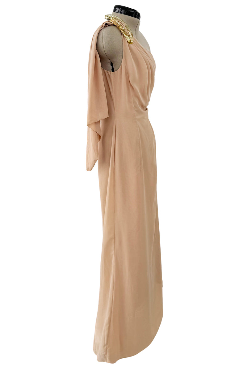 Spectacular Spring 2000 Thierry Mugler Runway Nude Chiffon One Shoulder Dress w Acrylic Detail