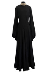 Exceptional 1970s George Stavropoulos Couture Black Silk & Bias Cut Dress w Balloon Sleeves & Flowing Skirt