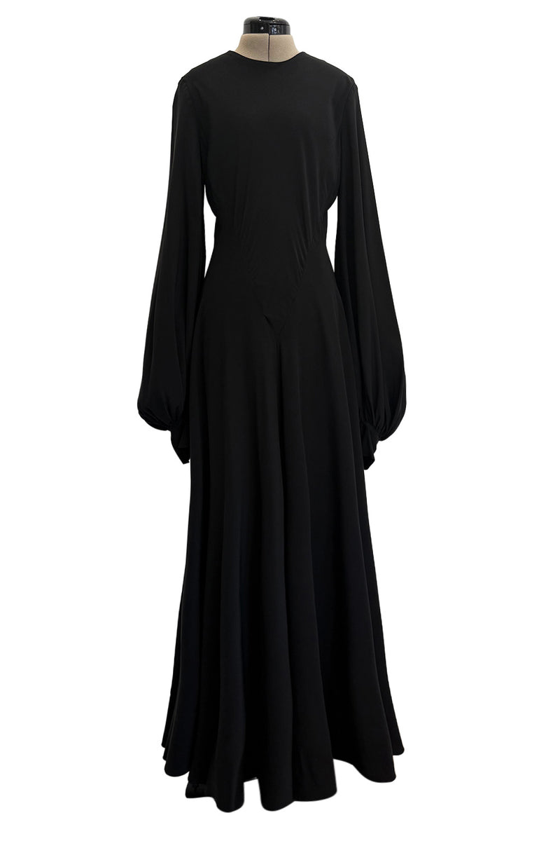 Exceptional 1970s George Stavropoulos Couture Black Silk & Bias Cut Dress w Balloon Sleeves & Flowing Skirt