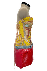 Very Rare Spring 2003 Roberto Cavalli Printed Silk & Net Boned Corset & Red Sequin Mini Skirt Set