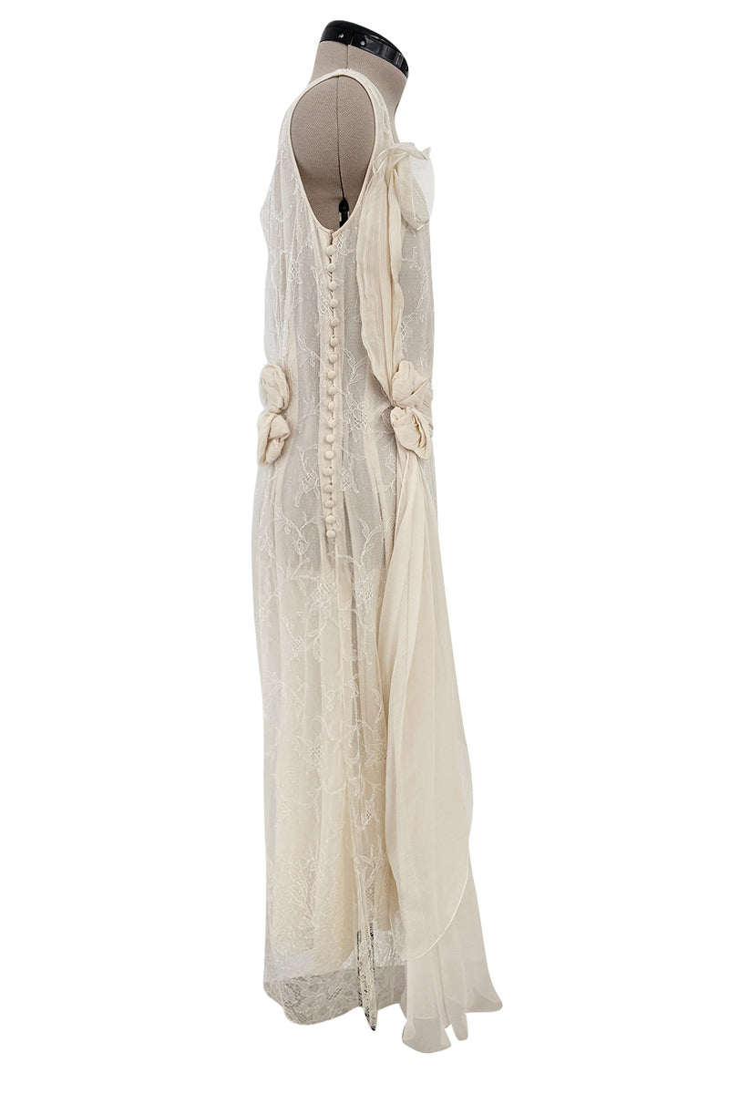 Fall 2007 John Galliano Ivory Silk Chiffon & Lace Dress w Silk Rosettes