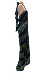 Gorgeous 2014 Lanvin by Alber Elbaz Deep Green & Navy Silk Striped Sarong Dress w Tie Halter