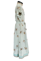 Prettiest 1930s Unlabeled Blue Handpainted Floral Dress Made of Unusual Woven Fabric