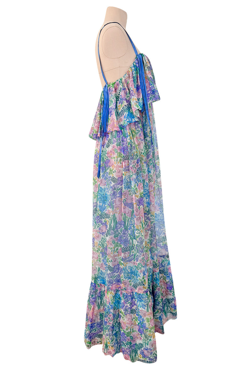 Spectacular Spring 1978 Christian Dior by Marc Bohan Blue Floral Silk Chiffon Dress w Ribbon Straps