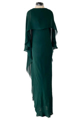 Fall 1975 Beautiful Halston Runway Flowing Deep Green Silk Chiffon w Low Back Plunge