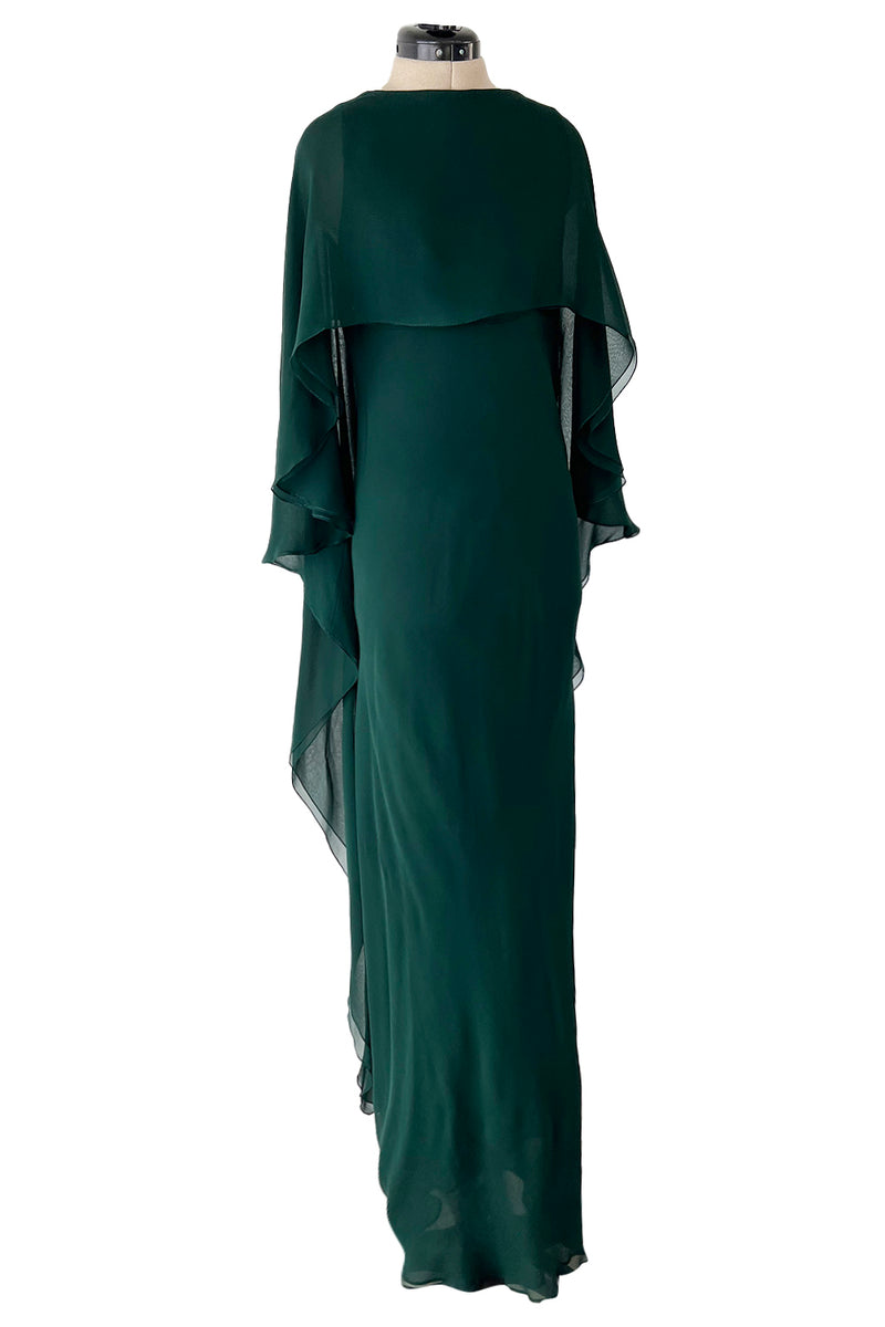 Fall 1975 Beautiful Halston Runway Flowing Deep Green Silk Chiffon w Low Back Plunge