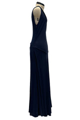 Minimalist 1990s Geoffrey Beene Deep Blue Silk Jersey One Shoulder Dress w Cut Out Details