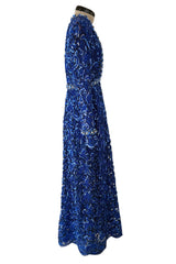Documented 1970 Oscar de la Renta Brilliant Blue Sequin & Rhinestone Plunge Dress