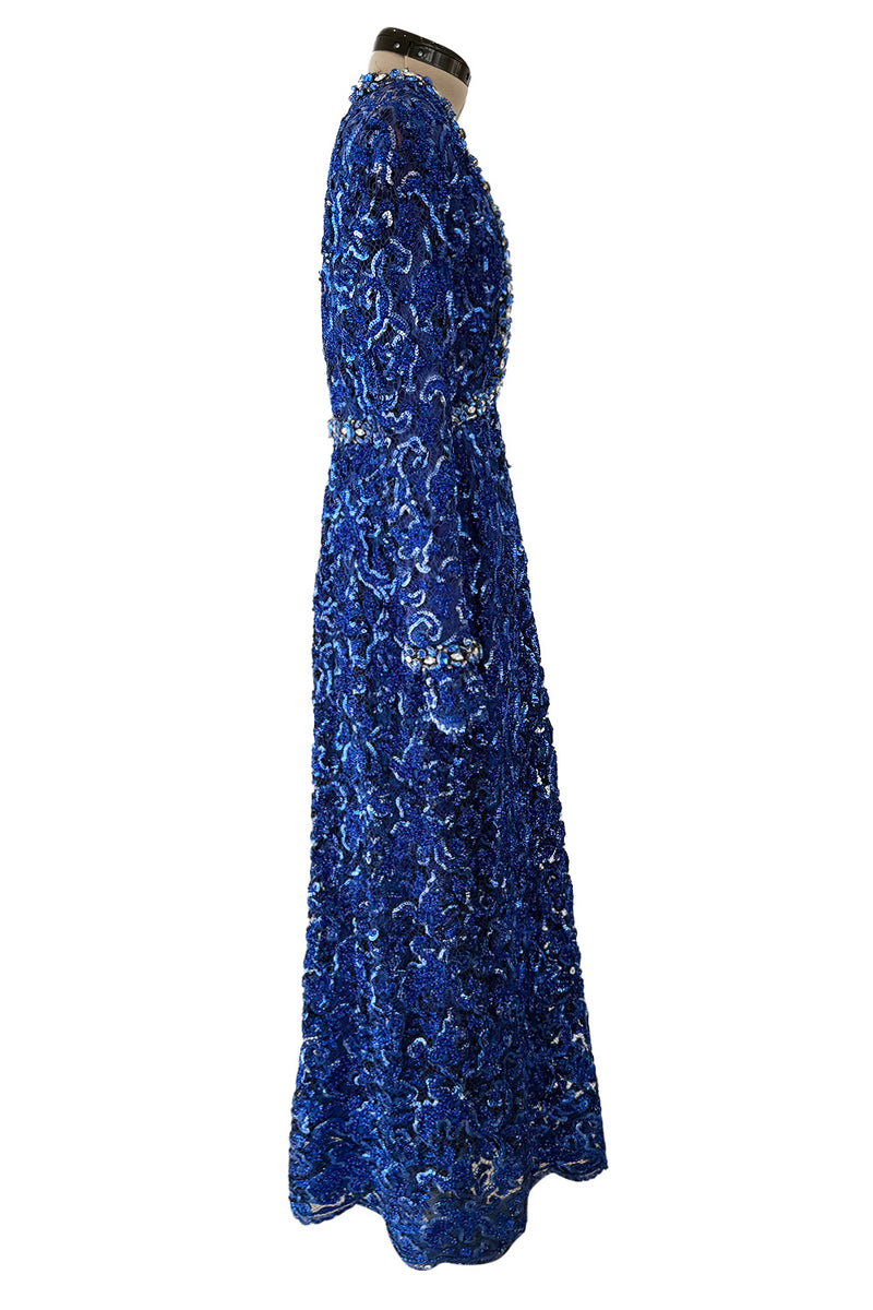 Documented 1970 Oscar de la Renta Brilliant Blue Sequin & Rhinestone Plunge Dress
