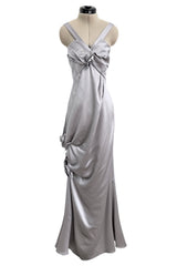 Fall 2008 Christian Dior by John Galliano Bias Cut Silver Silk Halter Dress w Flower Detailng