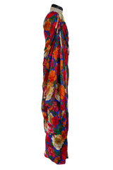 Exquisite Fall 1997 Yves Saint Laurent Brilliant Multi Floral Printed Silk Chiffon Bias Cut & Draped One Shoulder Dress