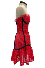 Amazing Spring 1992 Yves Saint Laurent Runway Red Lace Strapless Dress w Grosgrain Detailing
