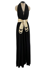 Documented 1981 Bill Tice Plunge Front Black & Gold Nylon Jersey Backless Halter Dress