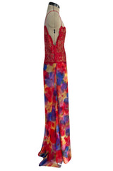 1970s Galanos Couture Silk Chiffon Pant & Over Dress Set w Metallic Lace Detailing