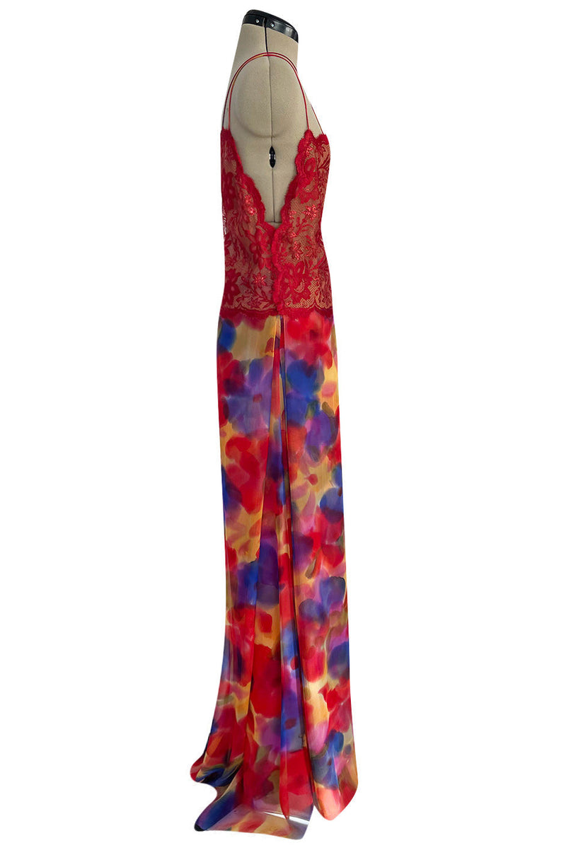 1970s Galanos Couture Silk Chiffon Pant & Over Dress Set w Metallic Lace Detailing