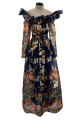 Prettiest 1960s Oscar de la Renta Metallic Thread Detailed Silk Organza Printed Off Shoulder Dress