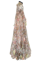 Phenomenal 1960s Gina Fratini Printed Tiered Baby Doll Maxi Dress w Poufed Cap Sleeves & Feather Details