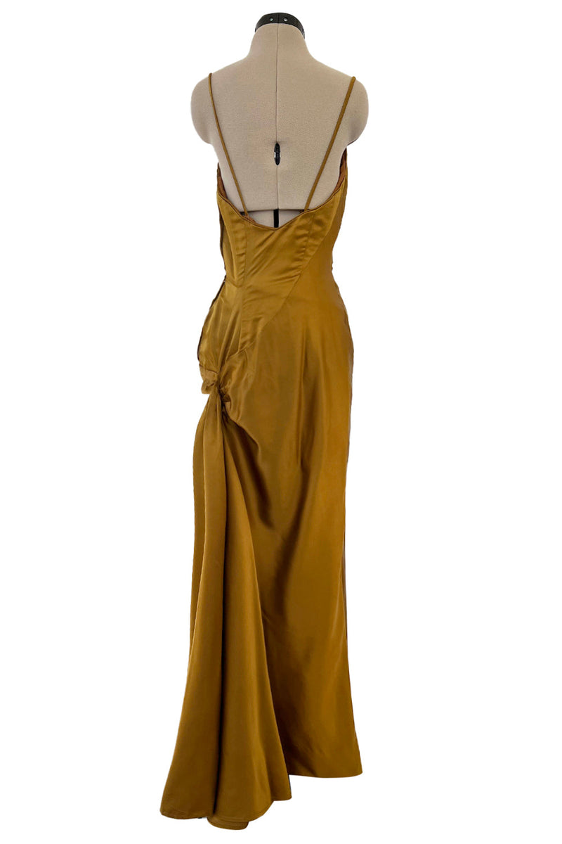 Stunning 1968 Mr Blackwell Custom Deep Copper Gold Silk Dress w Hip Swag & Flower Pin