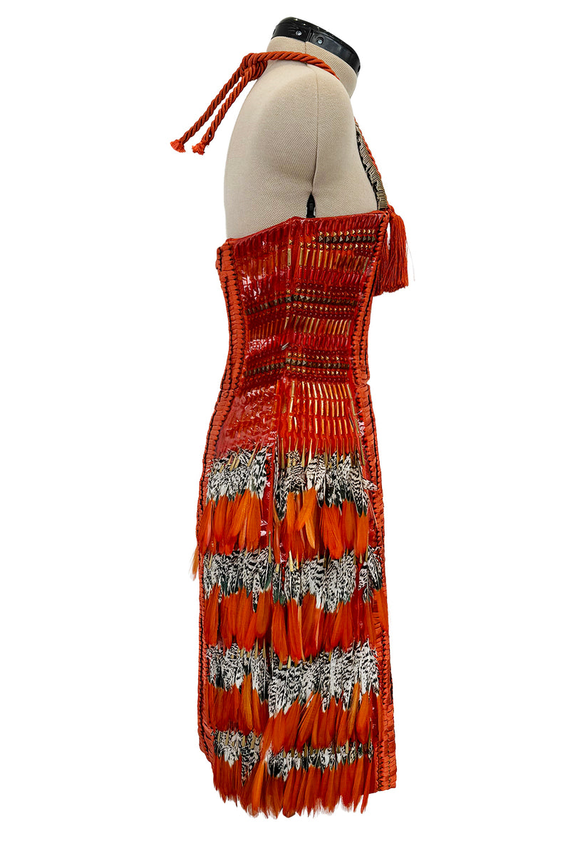 Iconic Spring 2011 Gucci by Frida Giannini Runway Look 41 Burnt Orange Silk Cord, Brass & Feather Dress