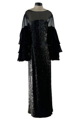 Beautiful 1980s Louis Feraud Glossy Black Sequin Silk Chiffon Dress w Tiered & Ruffled Sleeves