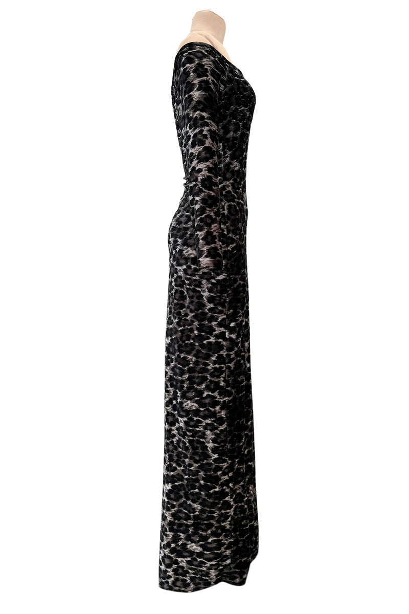 Iconic Fall 1989 Patrick Kelly Off Shoulder Silver Leopard Print Dress in a Soft Stretch Velour