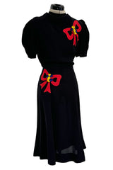 Gorgeous 1940s Unlabeled Black Crepe Dress w 3D Floral Detailed Bright Red Bow Appliques