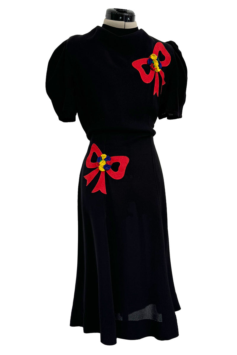 Gorgeous 1940s Unlabeled Black Crepe Dress w 3D Floral Detailed Bright Red Bow Appliques