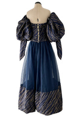 Very Rare Fall 1986 Chanel by Karl Lagerfeld Blue & Gold Strapless w Removable Sleeves