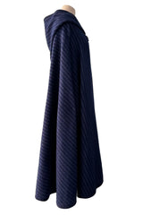 Fabulous  Fall 1976 Yves Saint Laurent Striped Blue Wool Knee Length Cape w Hood & Tassel Detailing