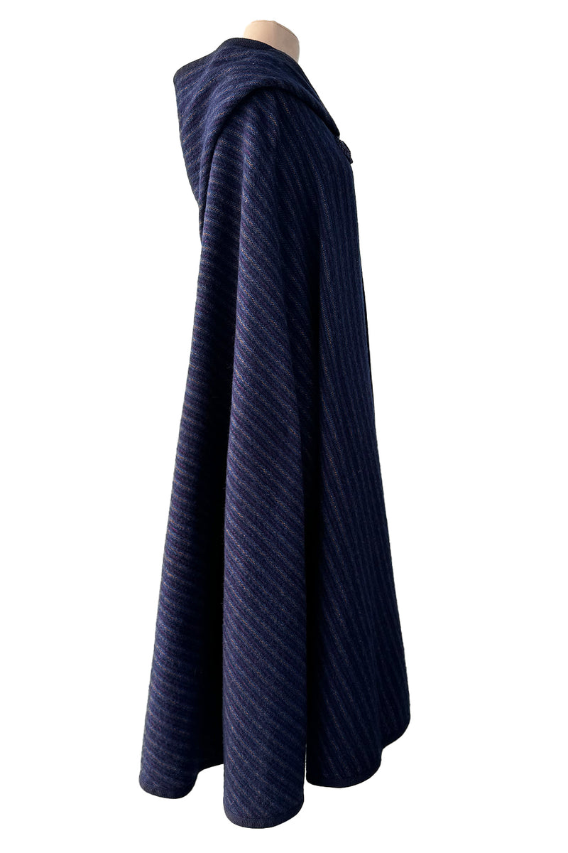 Fabulous  Fall 1976 Yves Saint Laurent Striped Blue Wool Knee Length Cape w Hood & Tassel Detailing